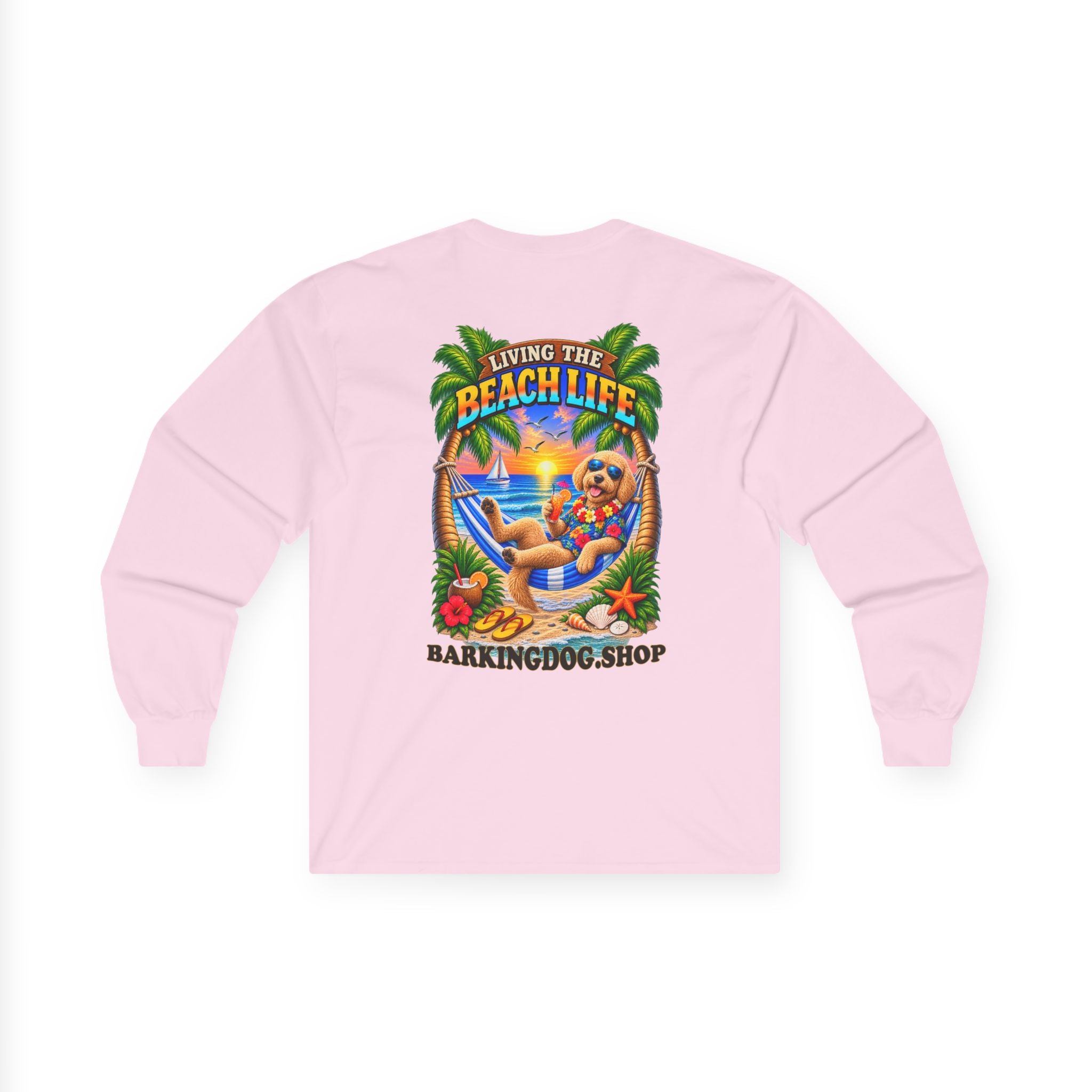 Golden Doodle Beach Life Canine Long Sleeve T Shirt Beach Collection Hammock Tropical Dog Graphic Tee Wag On BarkingDog Shop