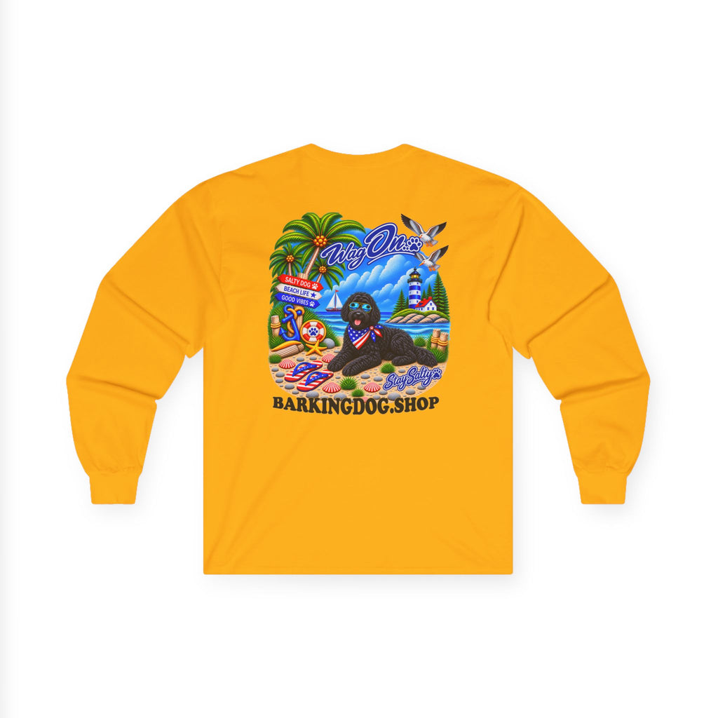 Black Berne Doodle Stay Salty Pup Long Sleeve T Shirt Beach Collection Coastal Dog Graphic Tee Wag On BarkingDog Shop
