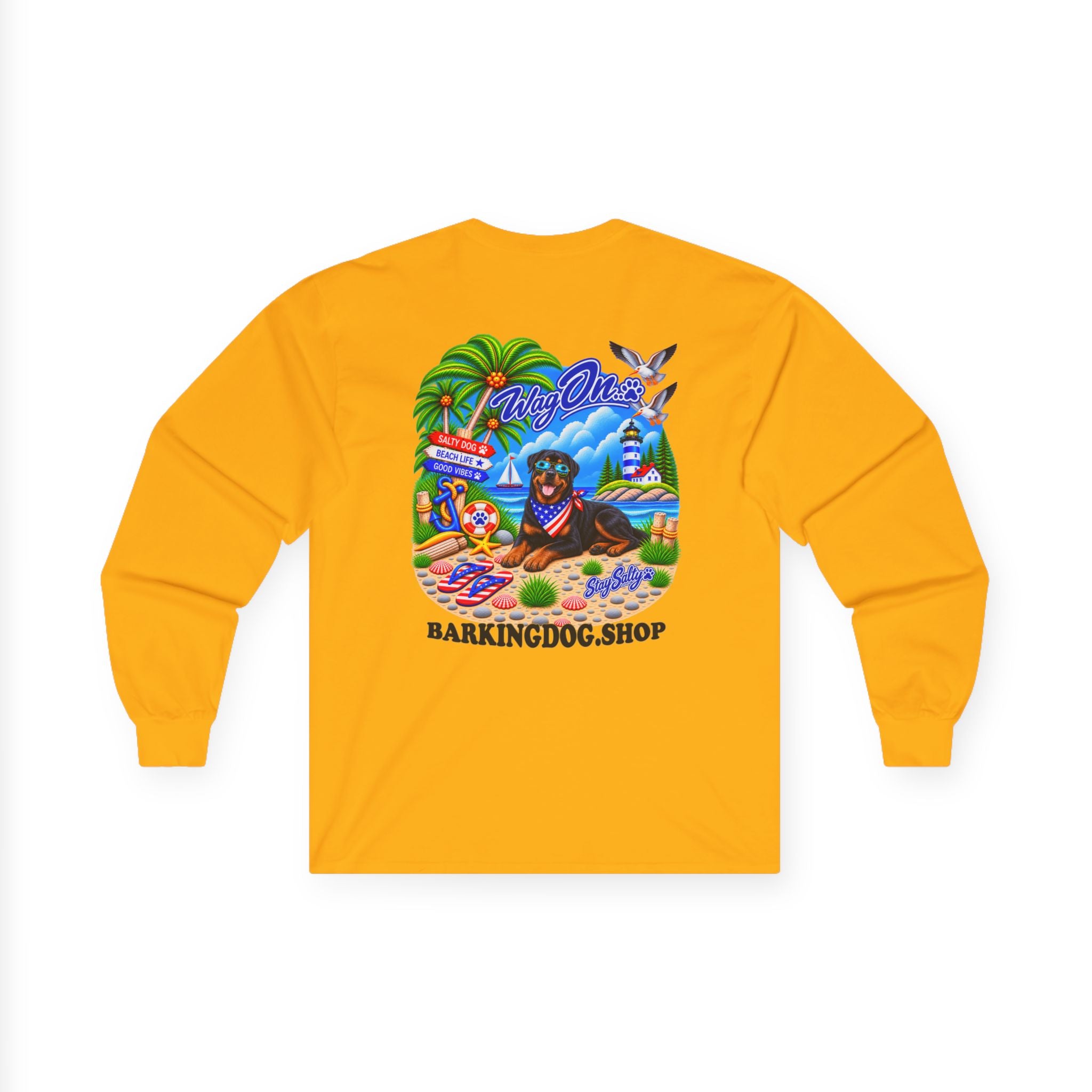 Rottweiler Stay Salty Pup Long Sleeve T Shirt Beach Collection Coastal Dog Graphic Tee Wag On BarkingDog Shop