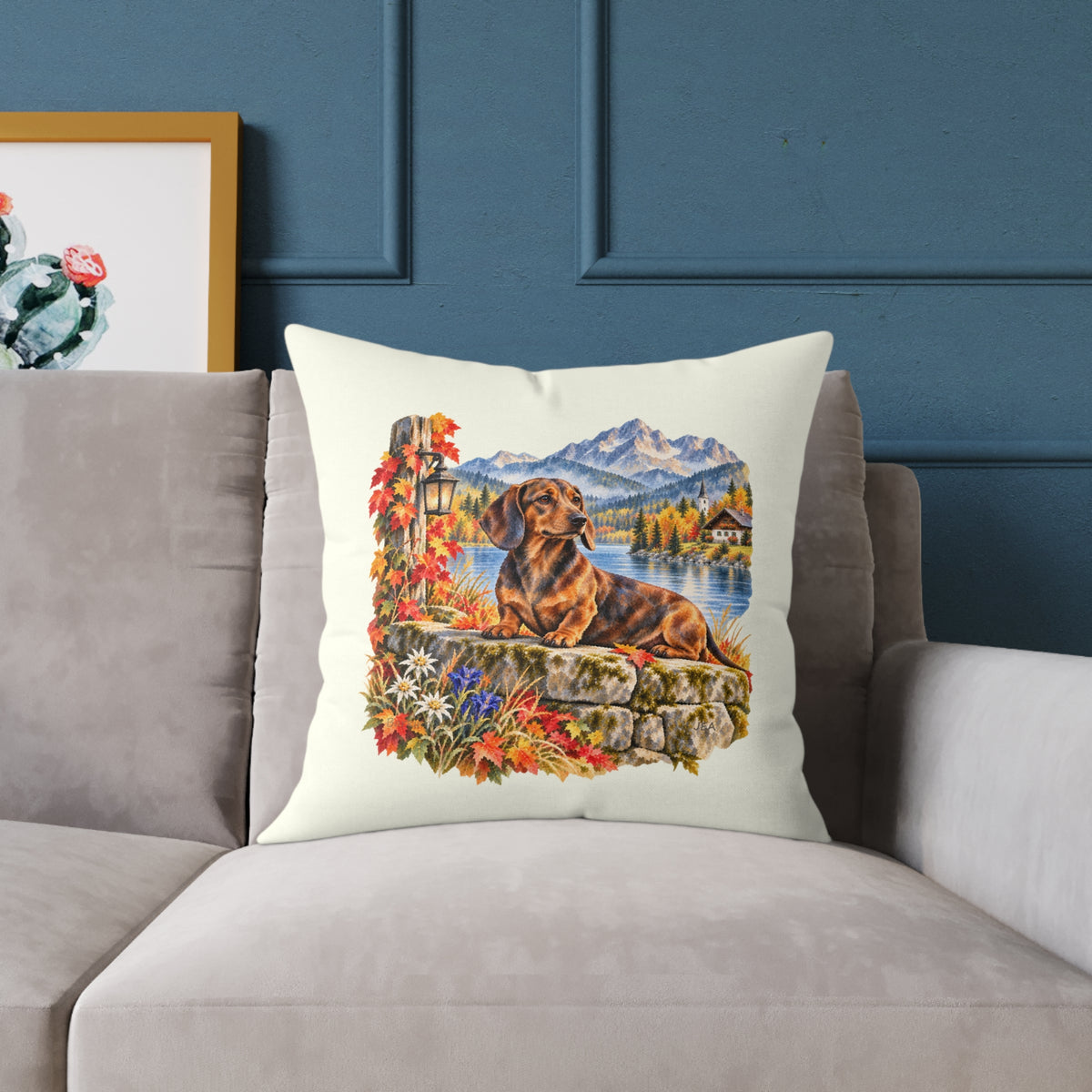 Dachshund Bavarian Alps Autumn Throw Pillow Ivory Home Decor Collection Alpine Lake Dog Decor BarkingDog Shop