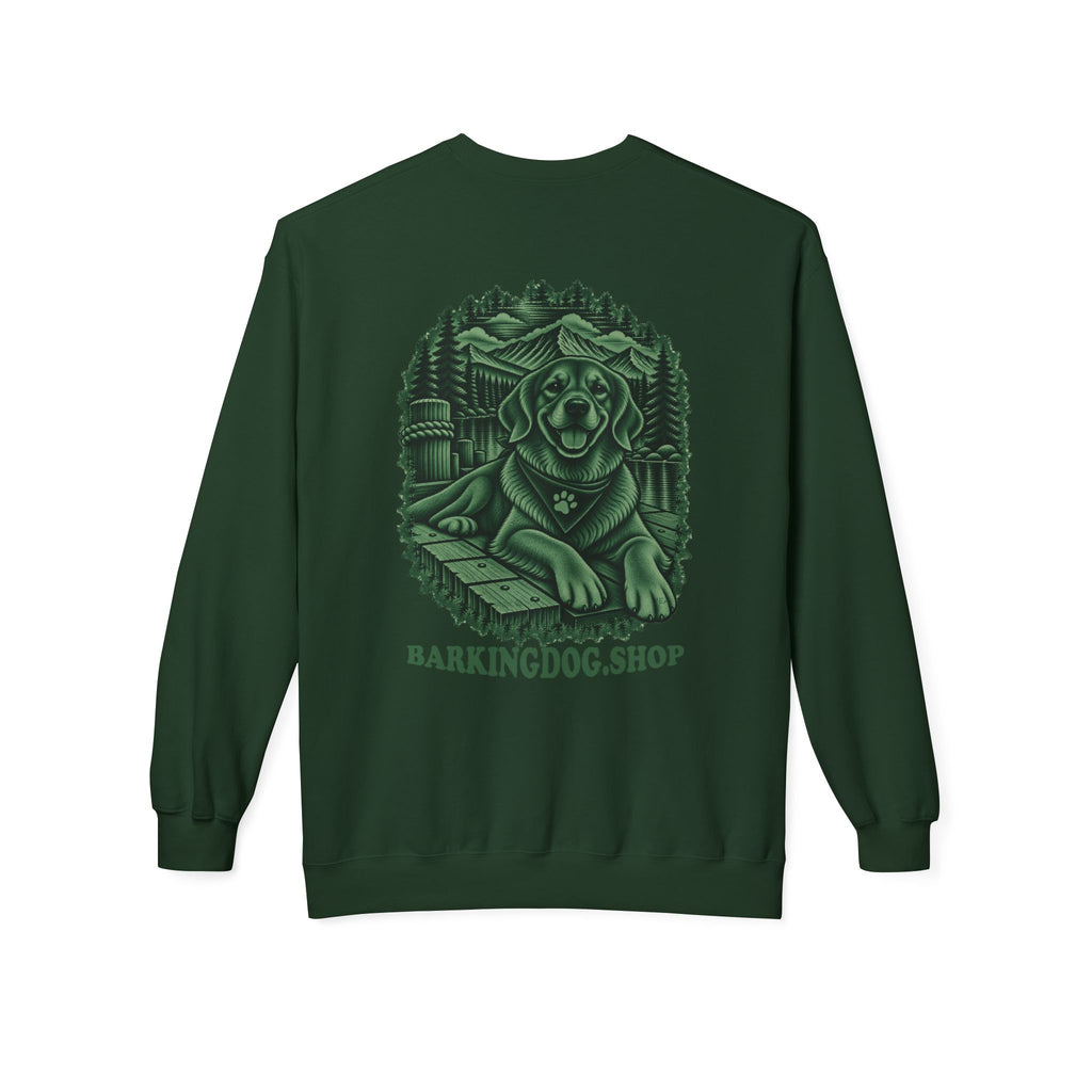 Golden Retriever Mountain Lake Wildlife Woodcut Crewneck Sweatshirt GREEN Outdoor Dog Lover Apparel BarkingDog Shop