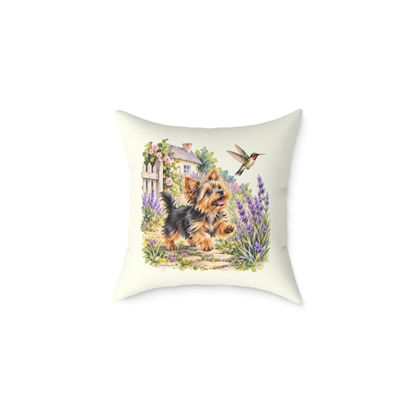 Yorkshire Terrier Puppy Hummingbird Throw Pillow Ivory Home Decor Collection Cottage Garden Dog Decor BarkingDog Shop