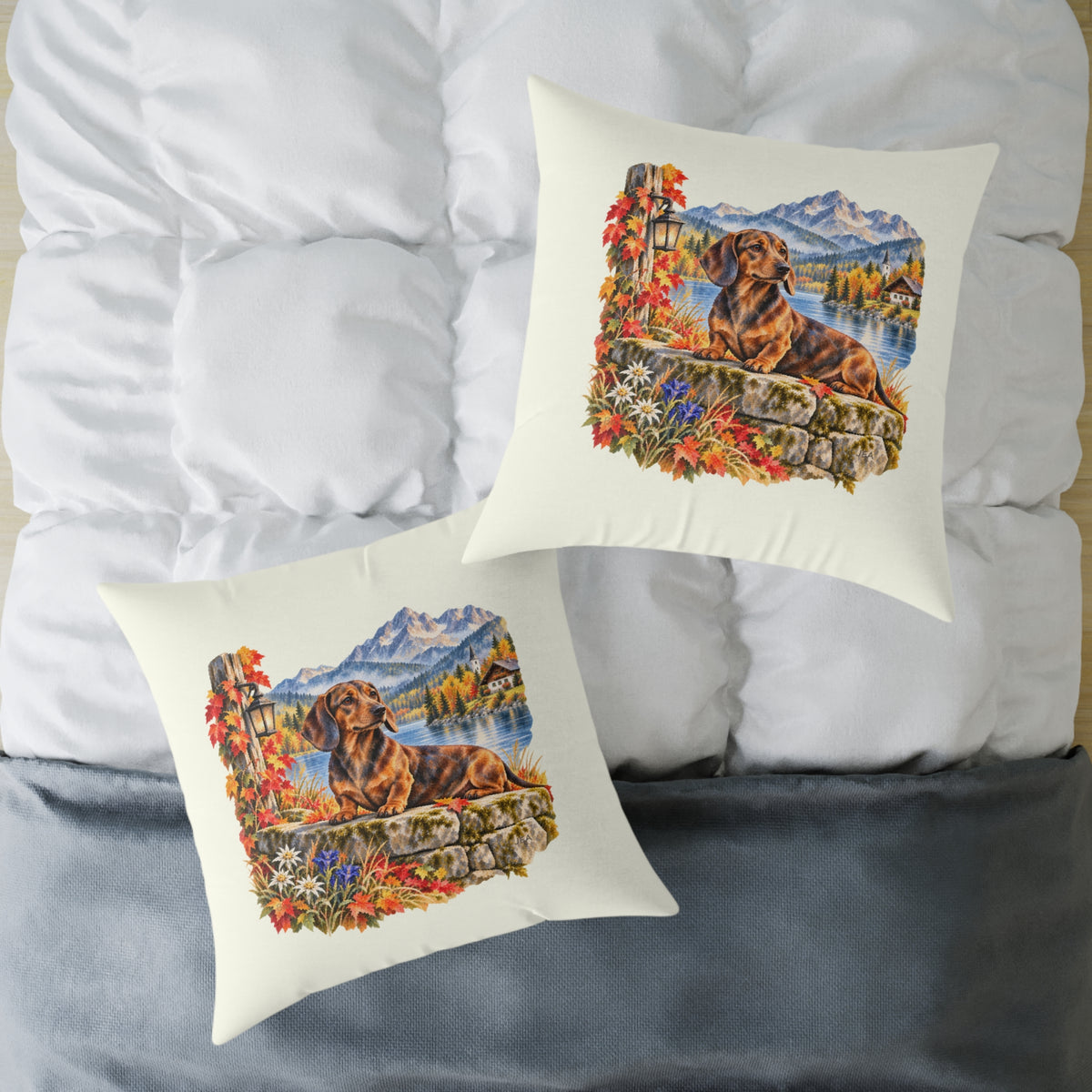 Dachshund Bavarian Alps Autumn Throw Pillow Ivory Home Decor Collection Alpine Lake Dog Decor BarkingDog Shop
