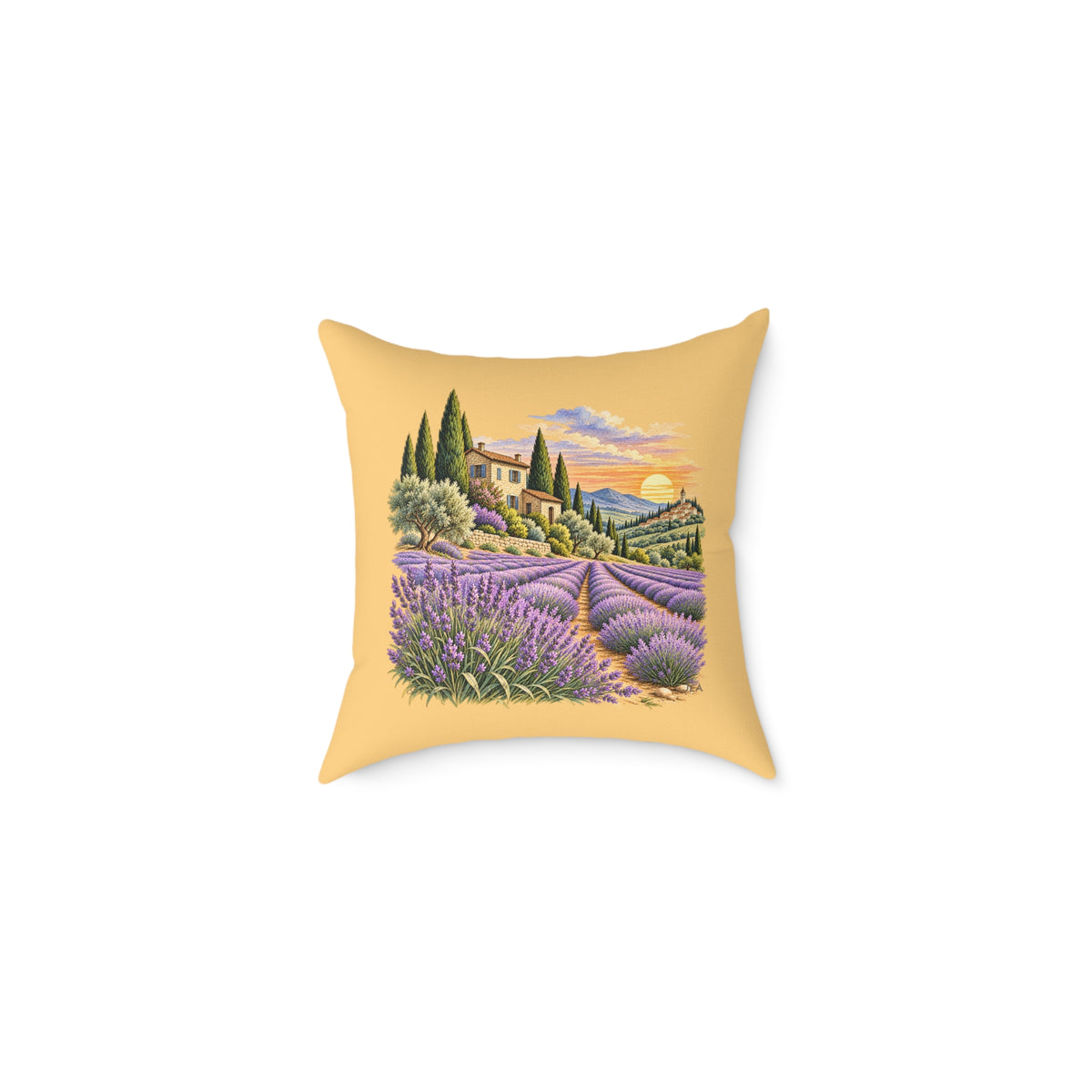 Lavender Fields Woodcut Relief Throw Pillow Warm Beige Floral Landscape Home Decor BarkingDog Shop