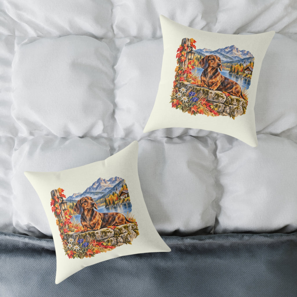 Dachshund Bavarian Alps Autumn Throw Pillow Ivory Home Decor Collection Alpine Lake Dog Decor BarkingDog Shop