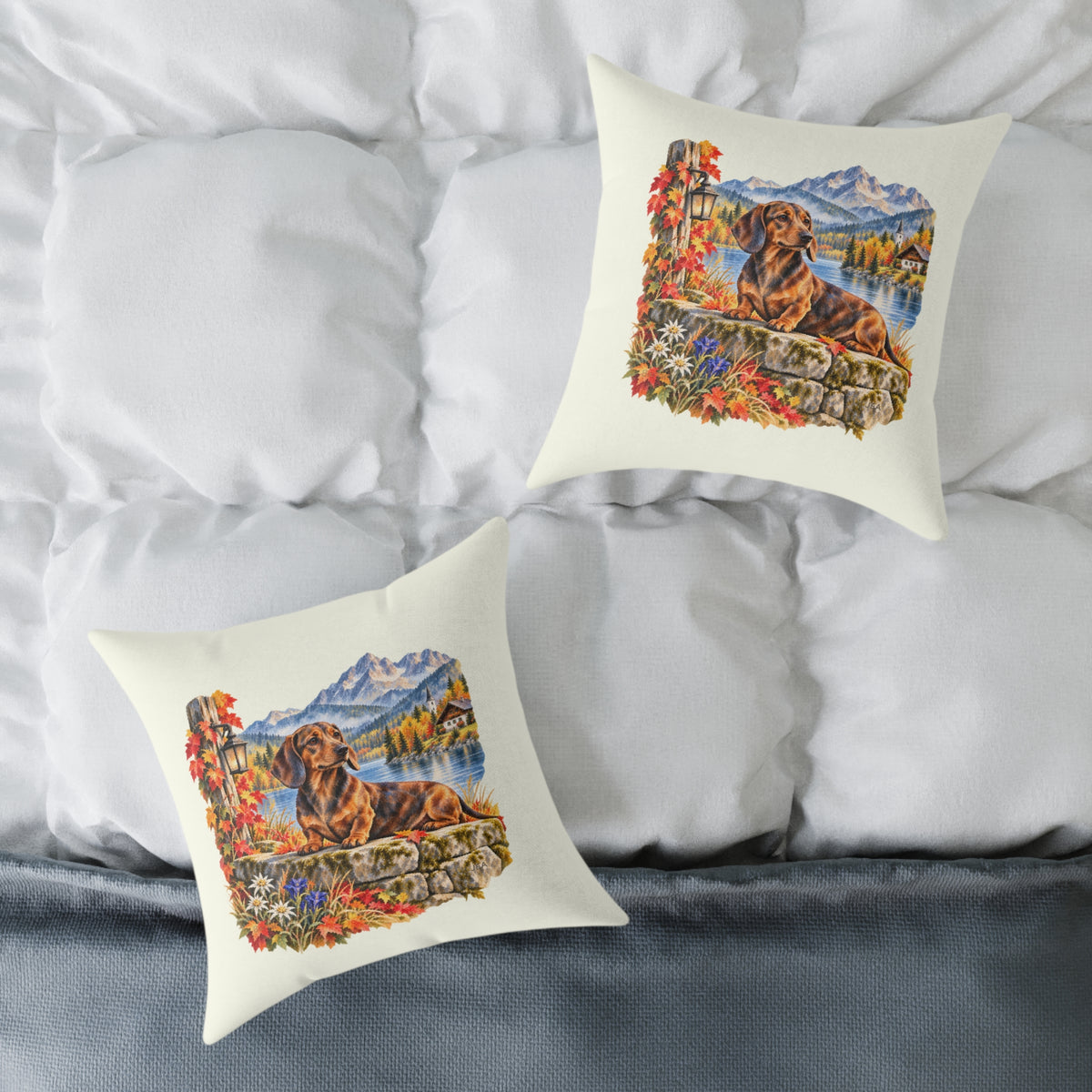 Dachshund Bavarian Alps Autumn Throw Pillow Ivory Home Decor Collection Alpine Lake Dog Decor BarkingDog Shop