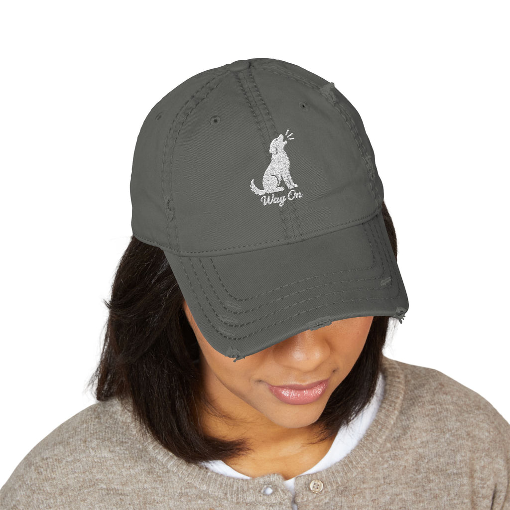 Distressed Embroidered Hat — 'Wag On' Dog Silhouette Cap
