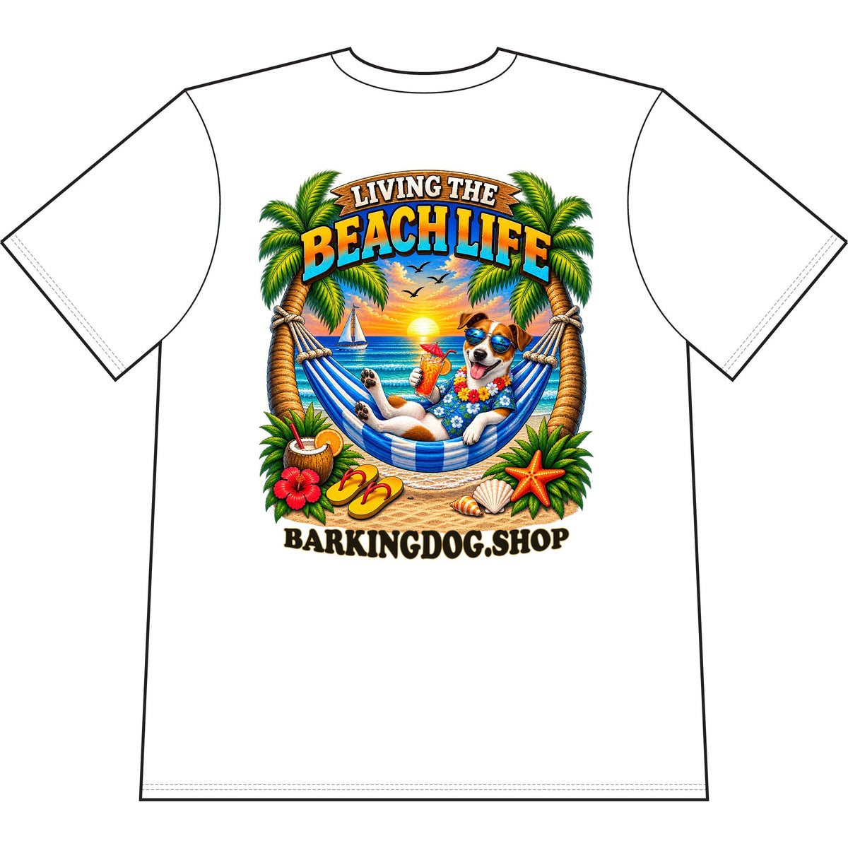 Jack Russell Beach Life Canine T Shirt Beach Collection Living the Beach Life Tropical Graphic Tee Wag On BarkingDog Shop