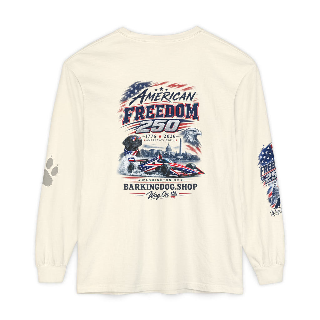 American Freedom 250 Long Sleeve T Shirt USA Country 250th Anniversary Patriotic Racing Dog Tee Wag On BarkingDog Shop