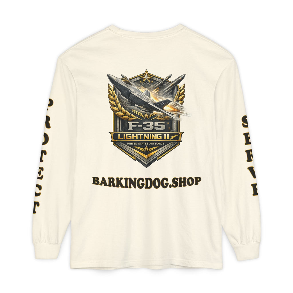 F-35 Lightning II Long Sleeve Tee — Barking Dog 'Wag On' Military Air Force Tribute