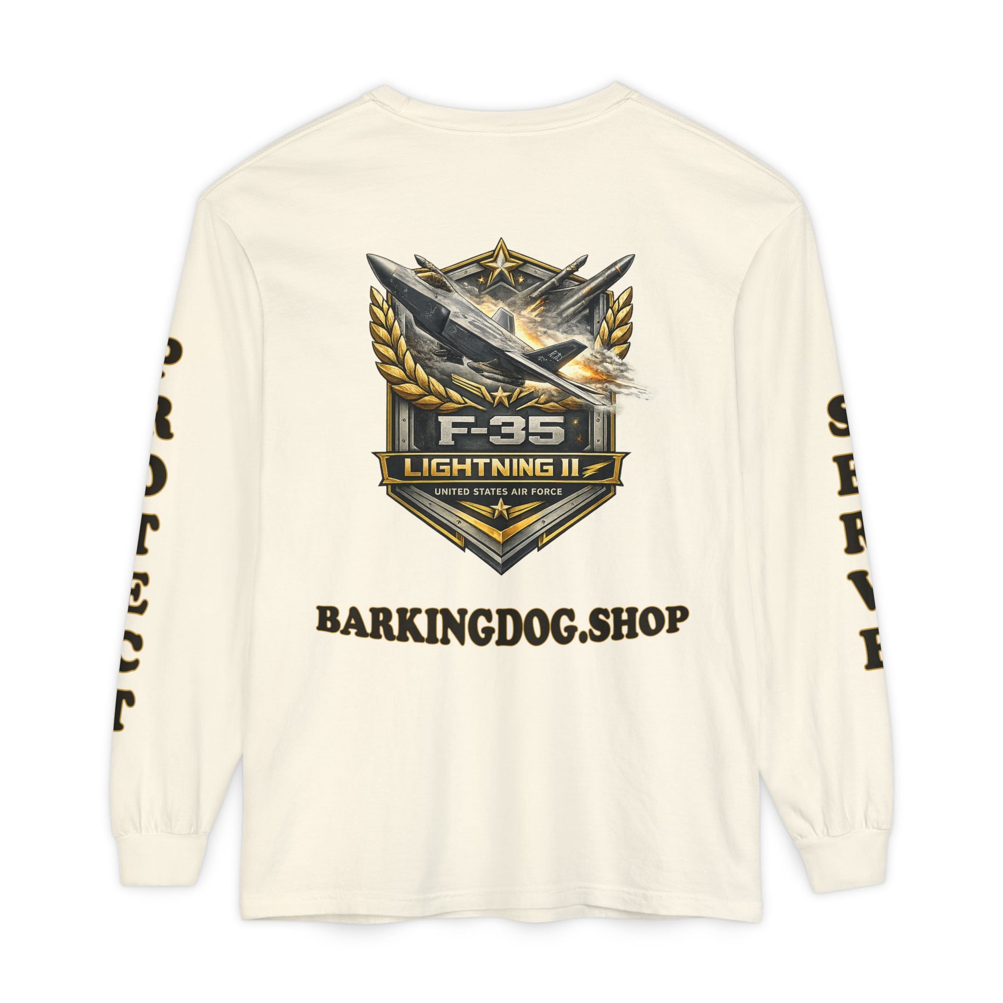 F-35 Lightning II Long Sleeve Tee — Barking Dog 'Wag On' Military Air Force Tribute