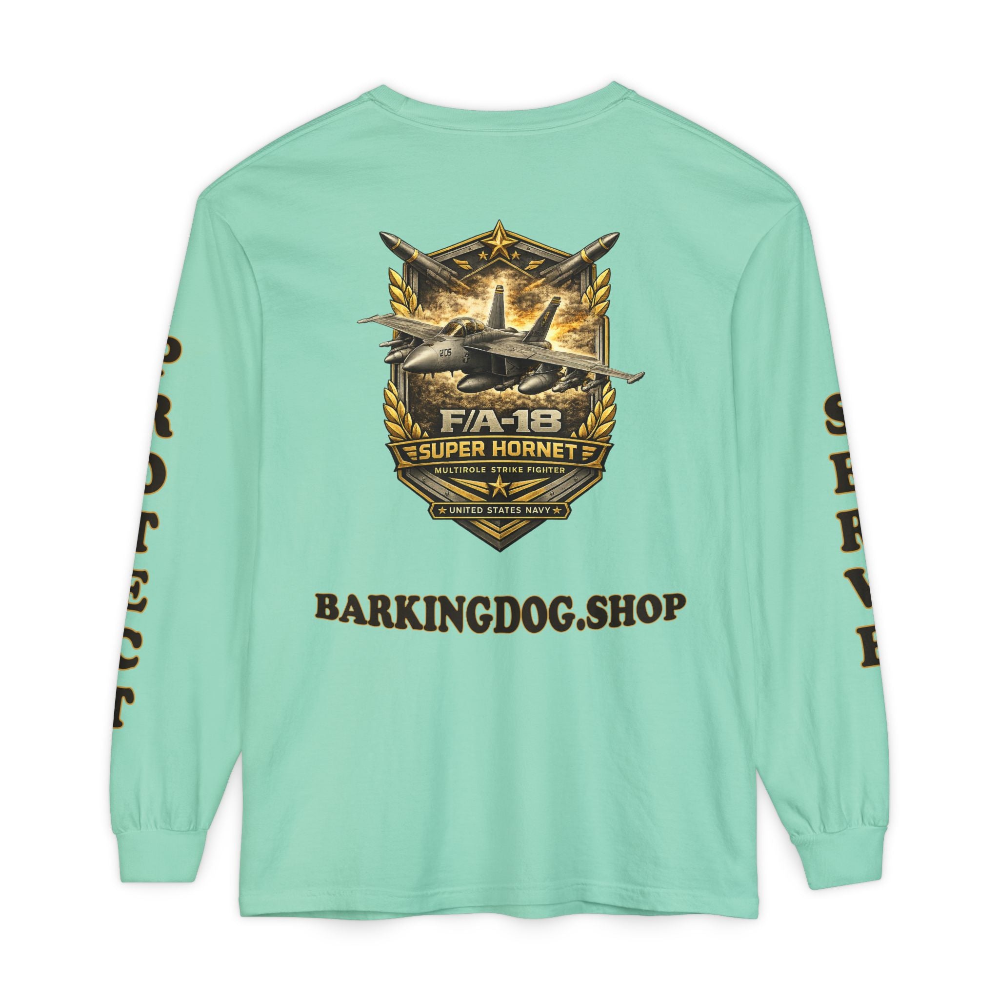 F/A-18 Super Hornet Long Sleeve Tee — Barking Dog 'Wag On' Military Navy Tribute