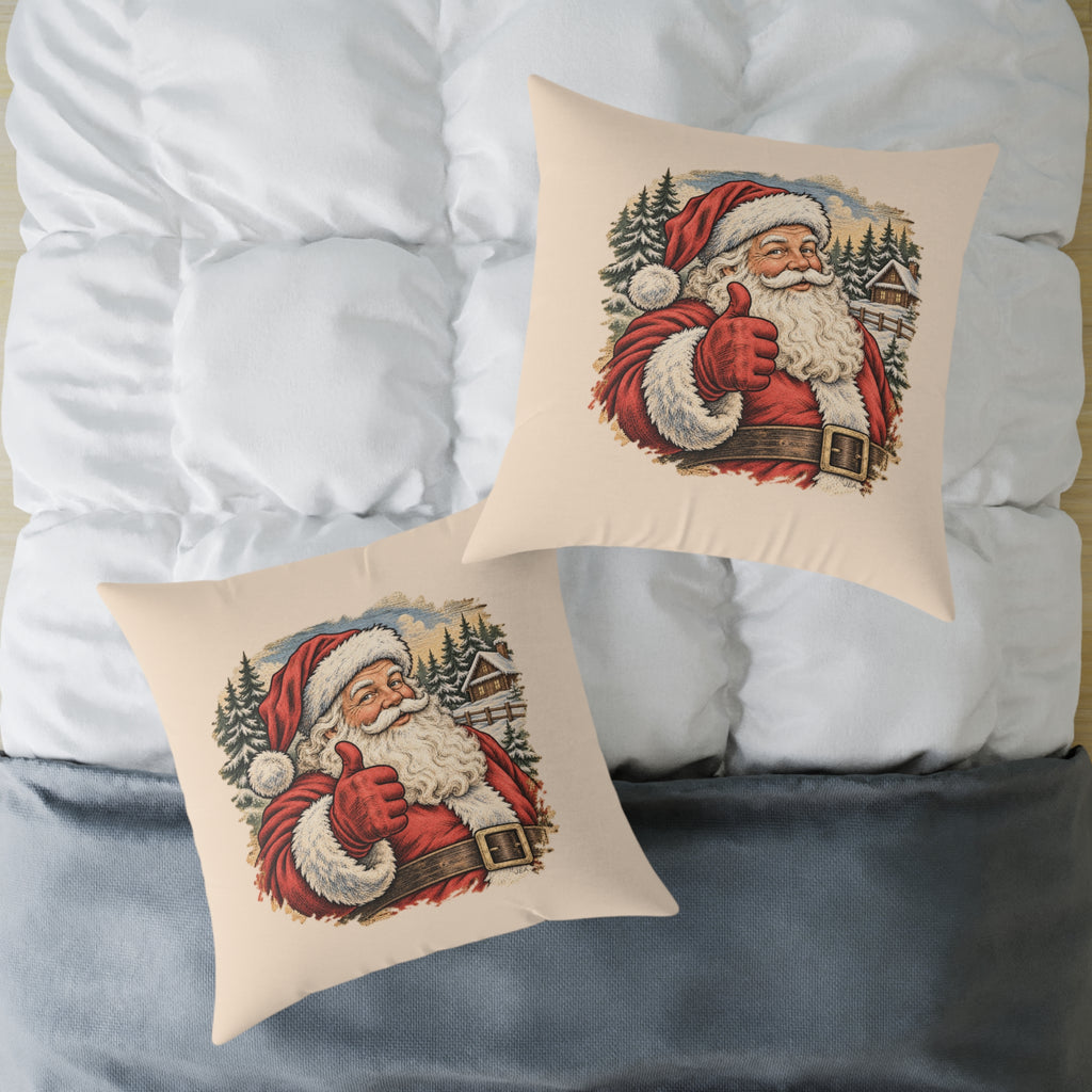 Santa Thumbs Up Woodcut Relief Throw Cushion Warm Peach Holiday Decoration BarkingDog Shop