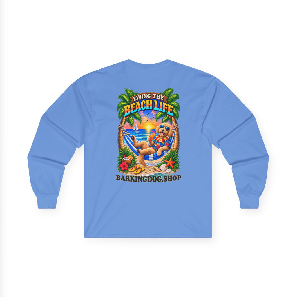 Golden Doodle Beach Life Canine Long Sleeve T Shirt Beach Collection Hammock Tropical Dog Graphic Tee Wag On BarkingDog Shop