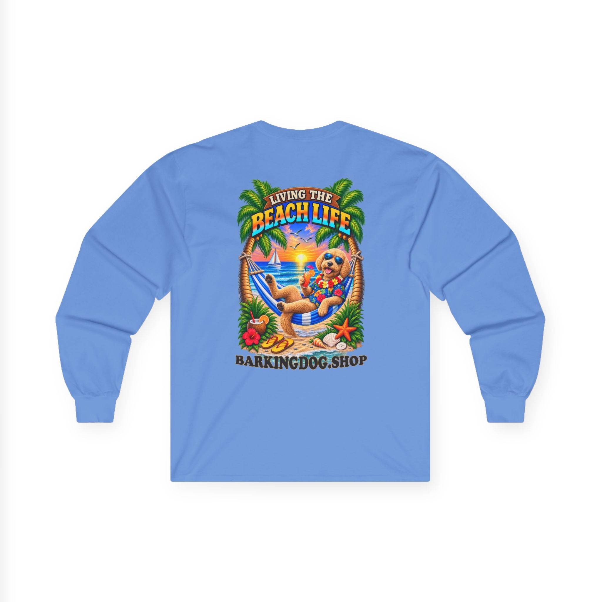 Golden Doodle Beach Life Canine Long Sleeve T Shirt Beach Collection Hammock Tropical Dog Graphic Tee Wag On BarkingDog Shop