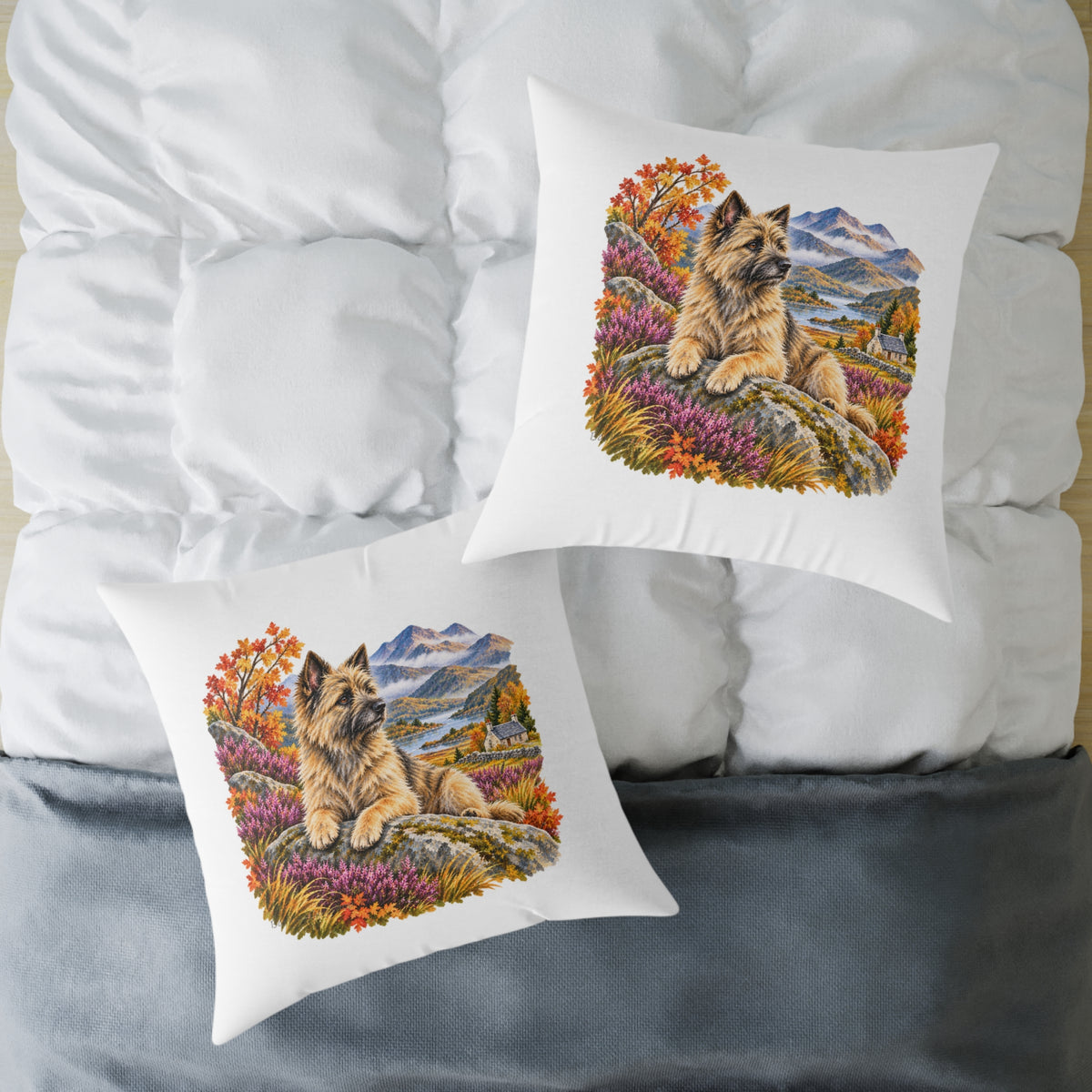 Cairn Terrier Scottish Highlands Autumn Throw Pillow White Home Decor Collection Scenic Dog Decor BarkingDog Shop