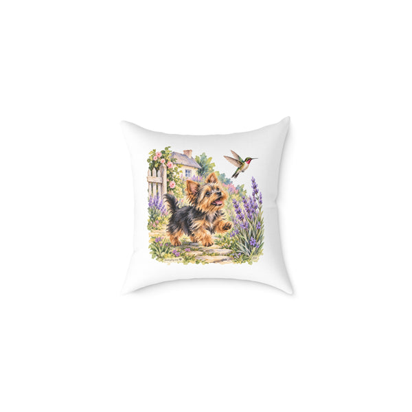 Yorkshire Terrier Puppy Hummingbird Throw Pillow White Home Decor Collection Cottage Garden Dog Decor BarkingDog Shop