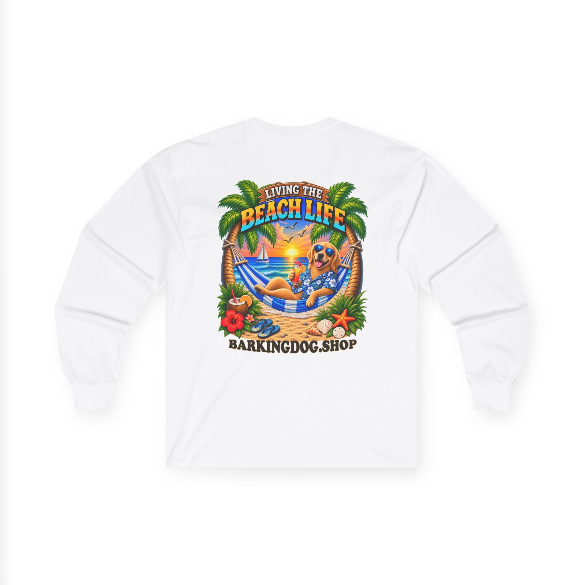 Golden Retriever Beach Life Canine Long Sleeve T Shirt Beach Collection Hammock Tropical Dog Graphic Tee Wag On BarkingDog Shop