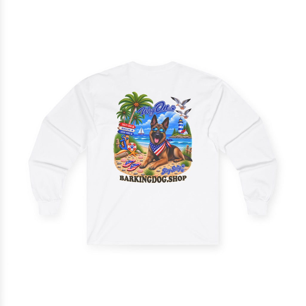 Belgian Malinois Stay Salty Pup Long Sleeve T Shirt Beach Collection Coastal Dog Graphic Tee Wag On BarkingDog Shop