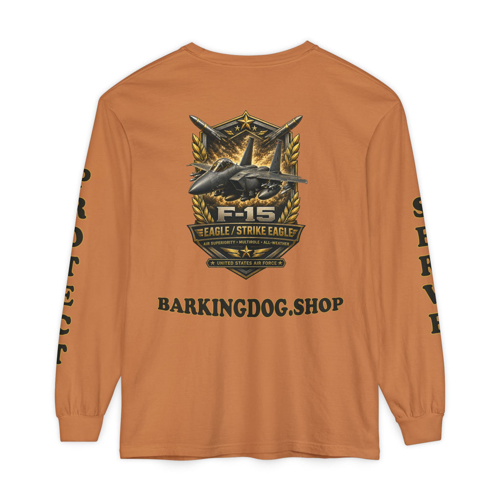 F-15 Strike Eagle Long Sleeve Tee — Barking Dog 'Wag On' Military Air Force Tribute