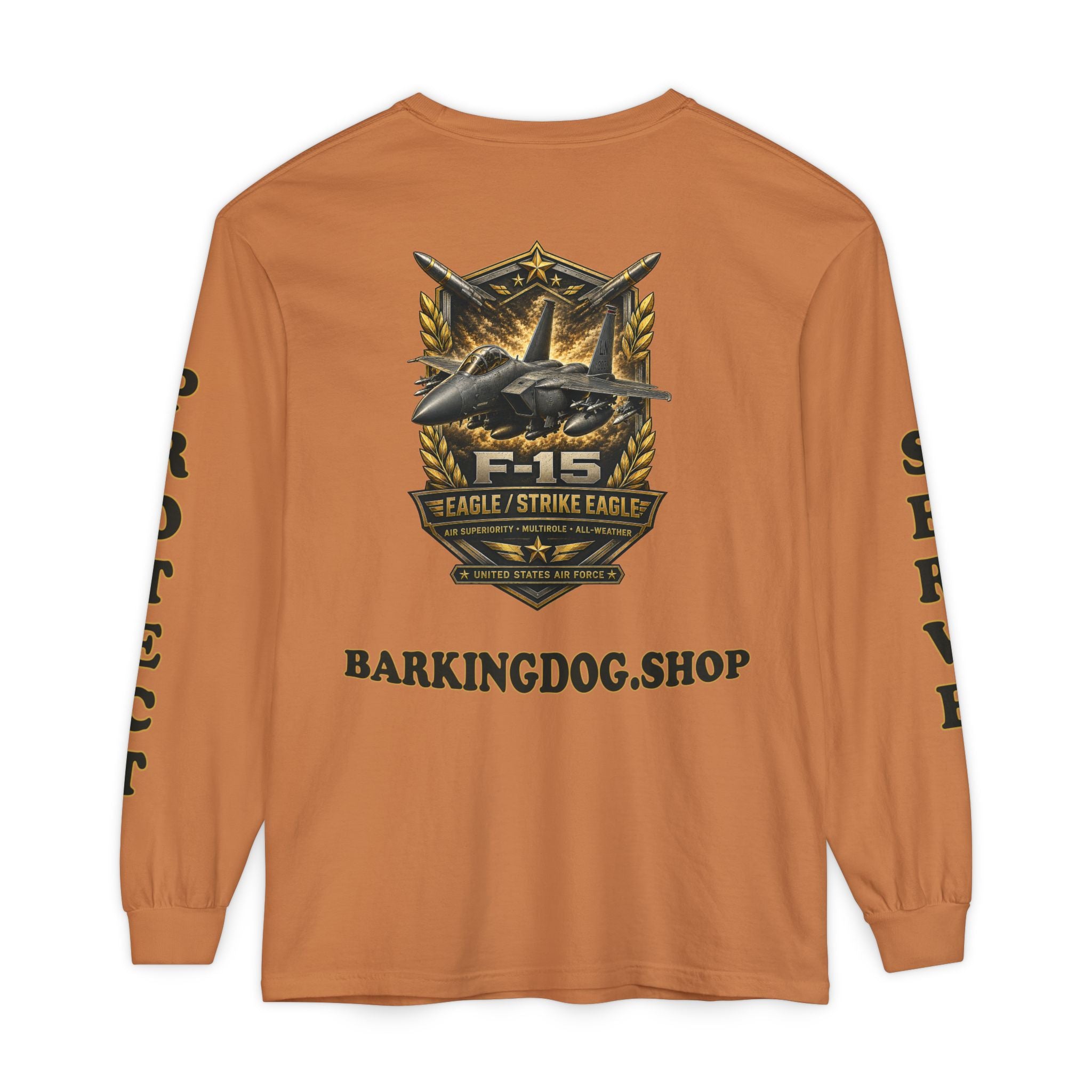 F-15 Strike Eagle Long Sleeve Tee — Barking Dog 'Wag On' Military Air Force Tribute