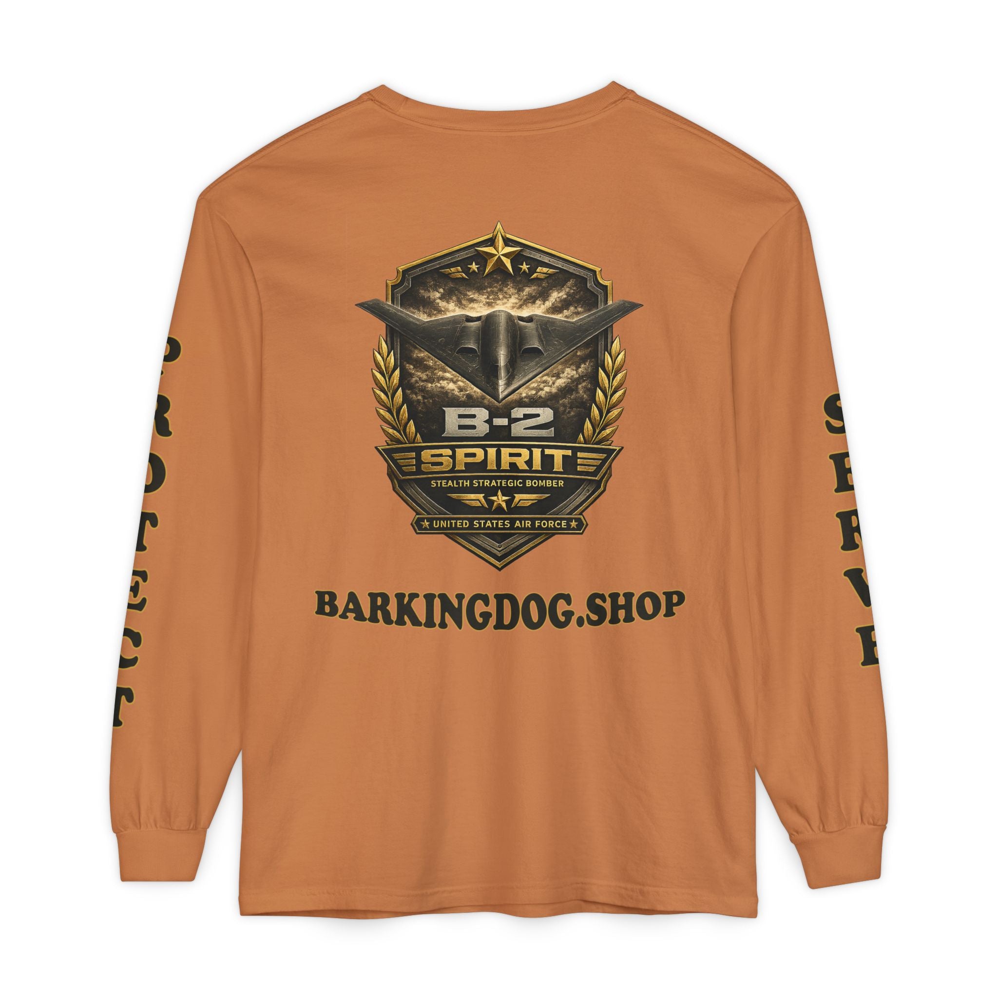 B-2 Spirit Stealth Bomber Long Sleeve Tee — Barking Dog 'Wag On' Military Air Force Tribute