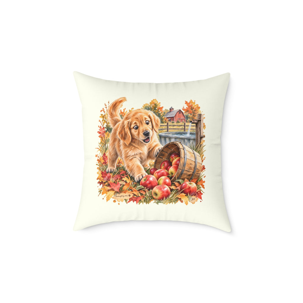 Golden Retriever Puppy Spilled Apples Throw Pillow Ivory Home Decor Collection Farmhouse Dog Decor BarkingDog Shop