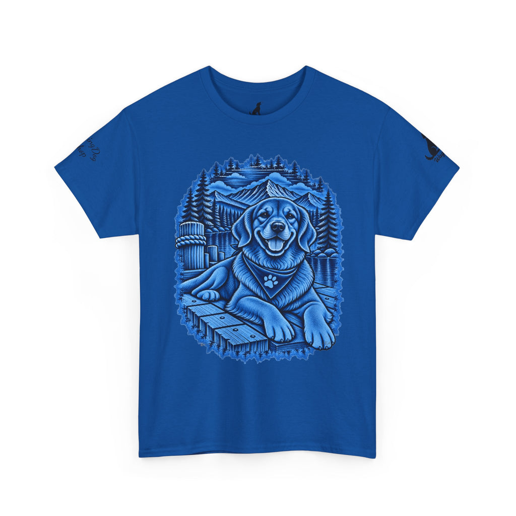 Golden Retriever Mountain Lake Wildlife Woodcut Tee Blue Outdoor Canine Graphic T-Shirt BarkingDog Shop