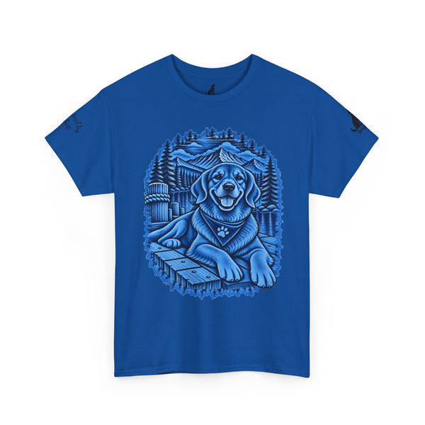 Golden Retriever Mountain Lake Wildlife Woodcut Tee Blue Outdoor Canine Graphic T-Shirt BarkingDog Shop