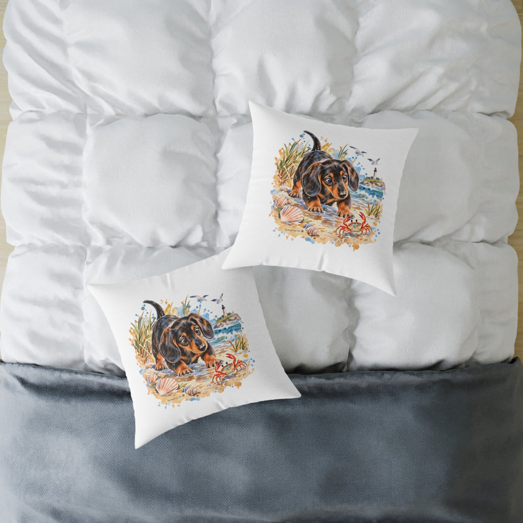 Dachshund Bewildered by Crab Beach Throw Pillow White Home Decor Collection Funny Coastal Dog Decor BarkingDog Shop