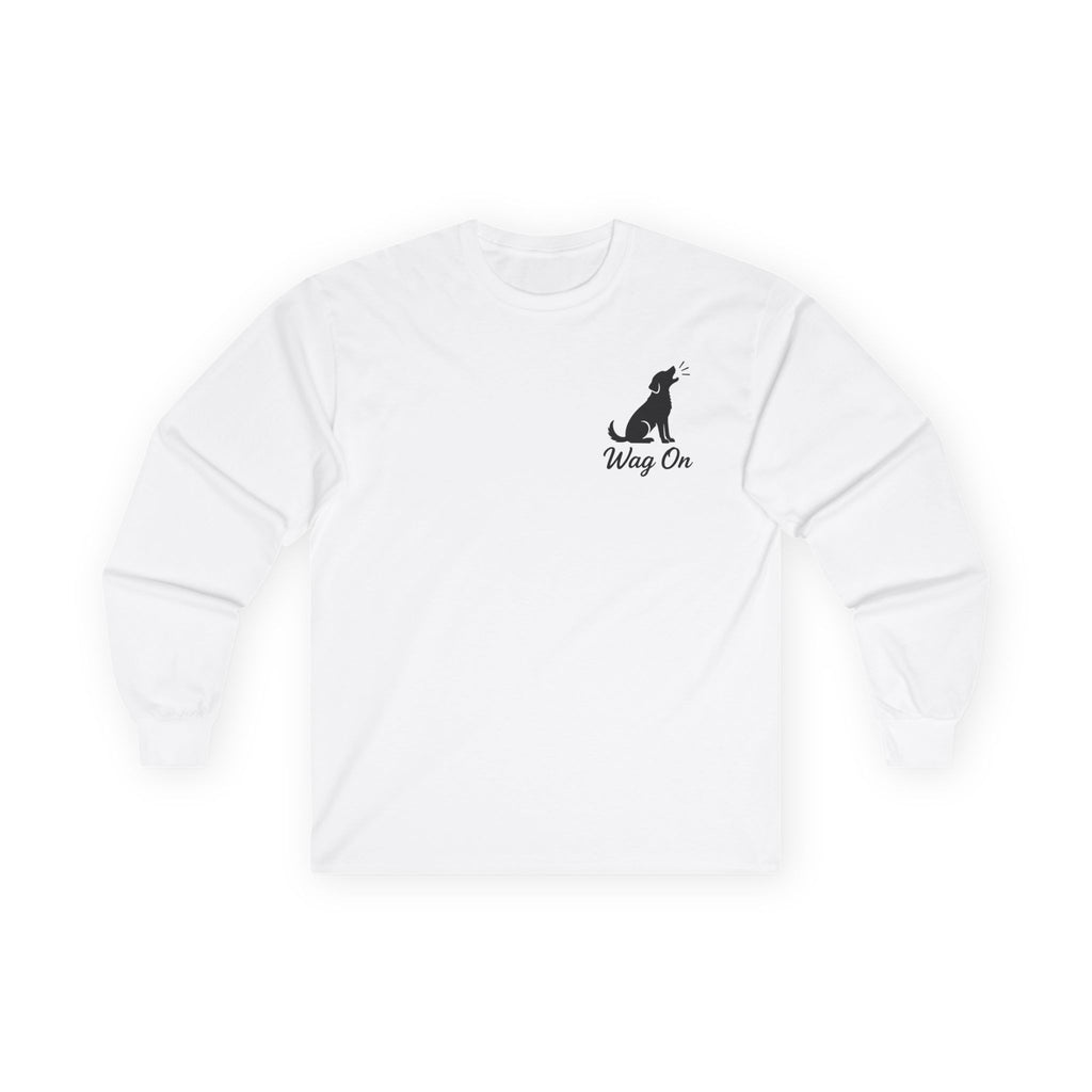 White Long Sleeve Tee — Minimal Text Repeat Graphic