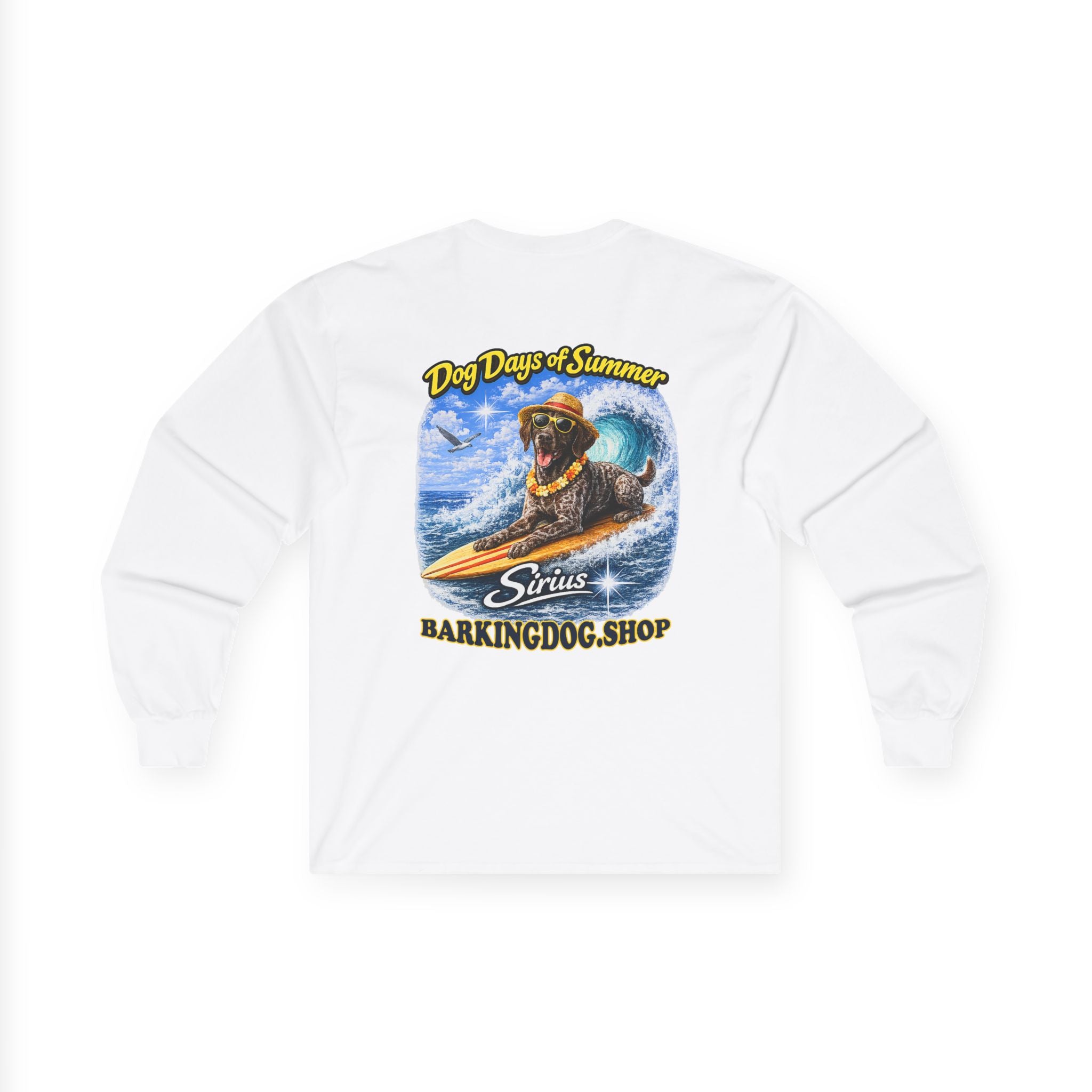 German Shorthaired Pointer Dog Days of Summer Surfboard Long Sleeve T Shirt Beach Collection Surfing Dog Graphic Tee Wag On BarkingDog Shop
