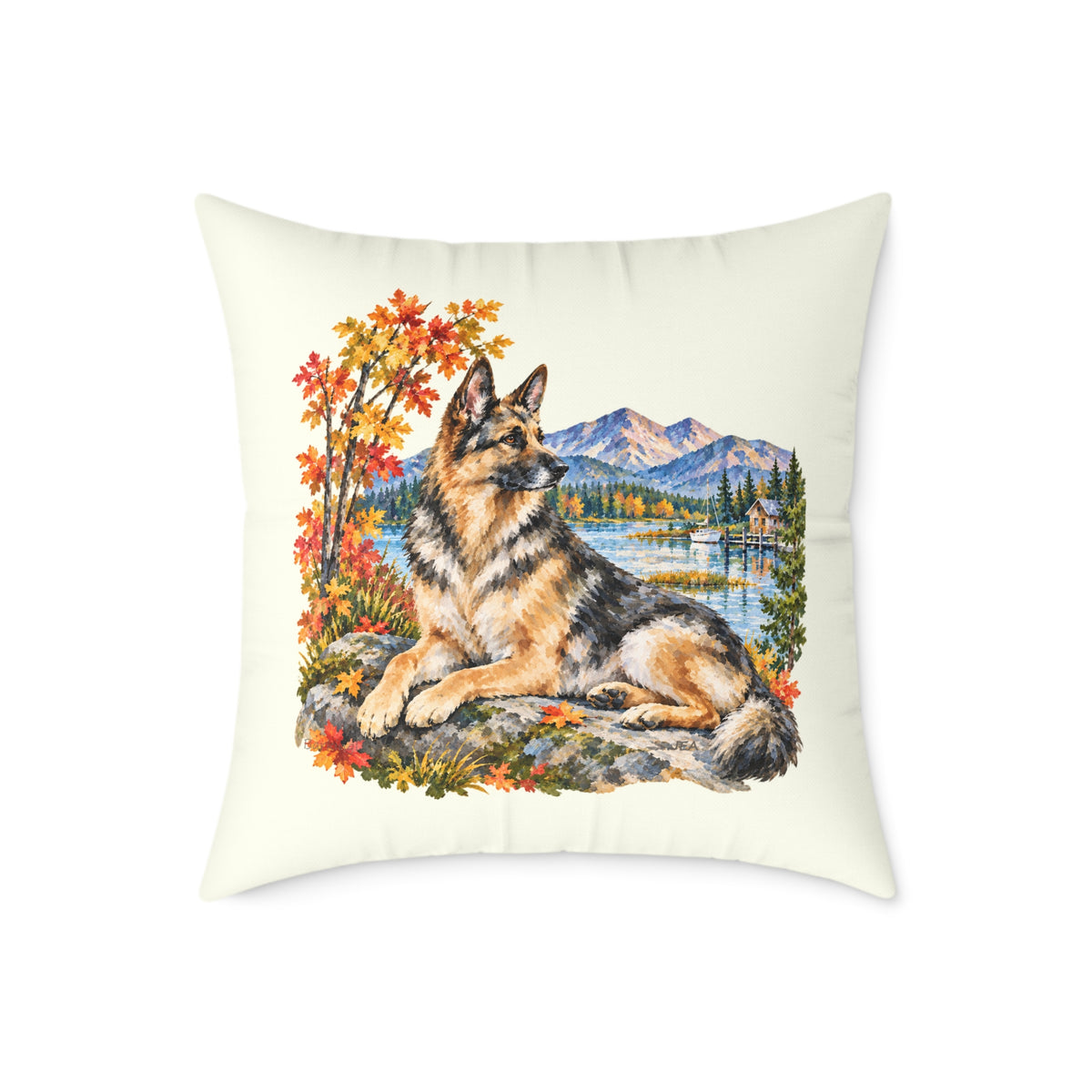 German Shepherd Scenic Autumn Throw Pillow Ivory Home Decor Collection Mountain Lake Dog Decor BarkingDog Shop