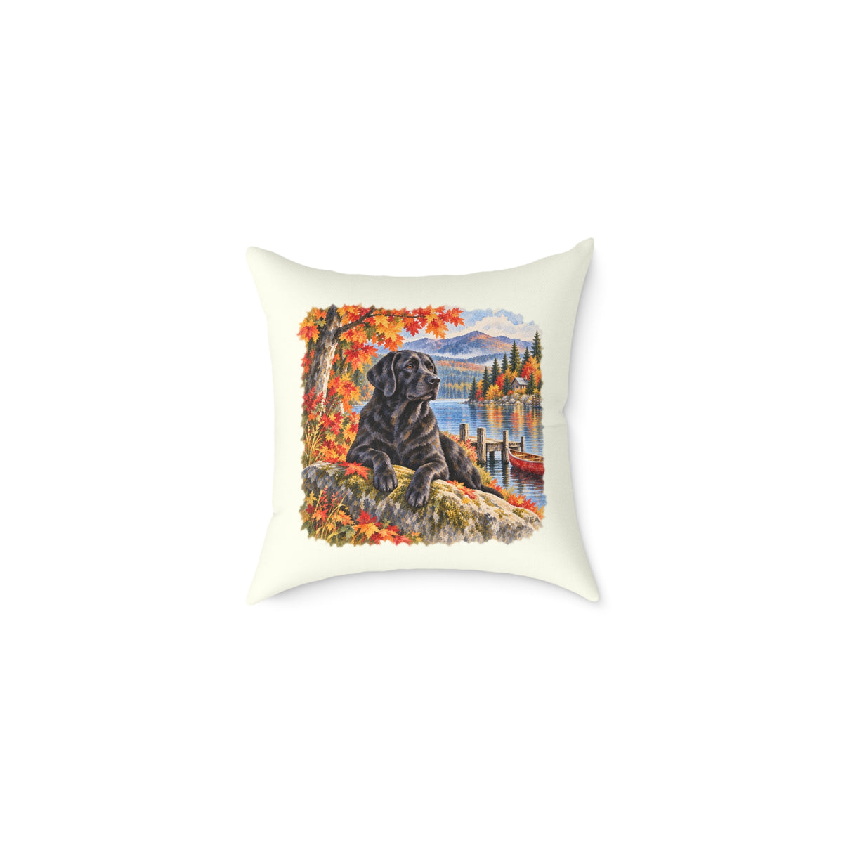 Black Labrador Maine Lake Autumn Throw Pillow Ivory Home Decor Collection Fall Mountain Dog Decor BarkingDog Shop