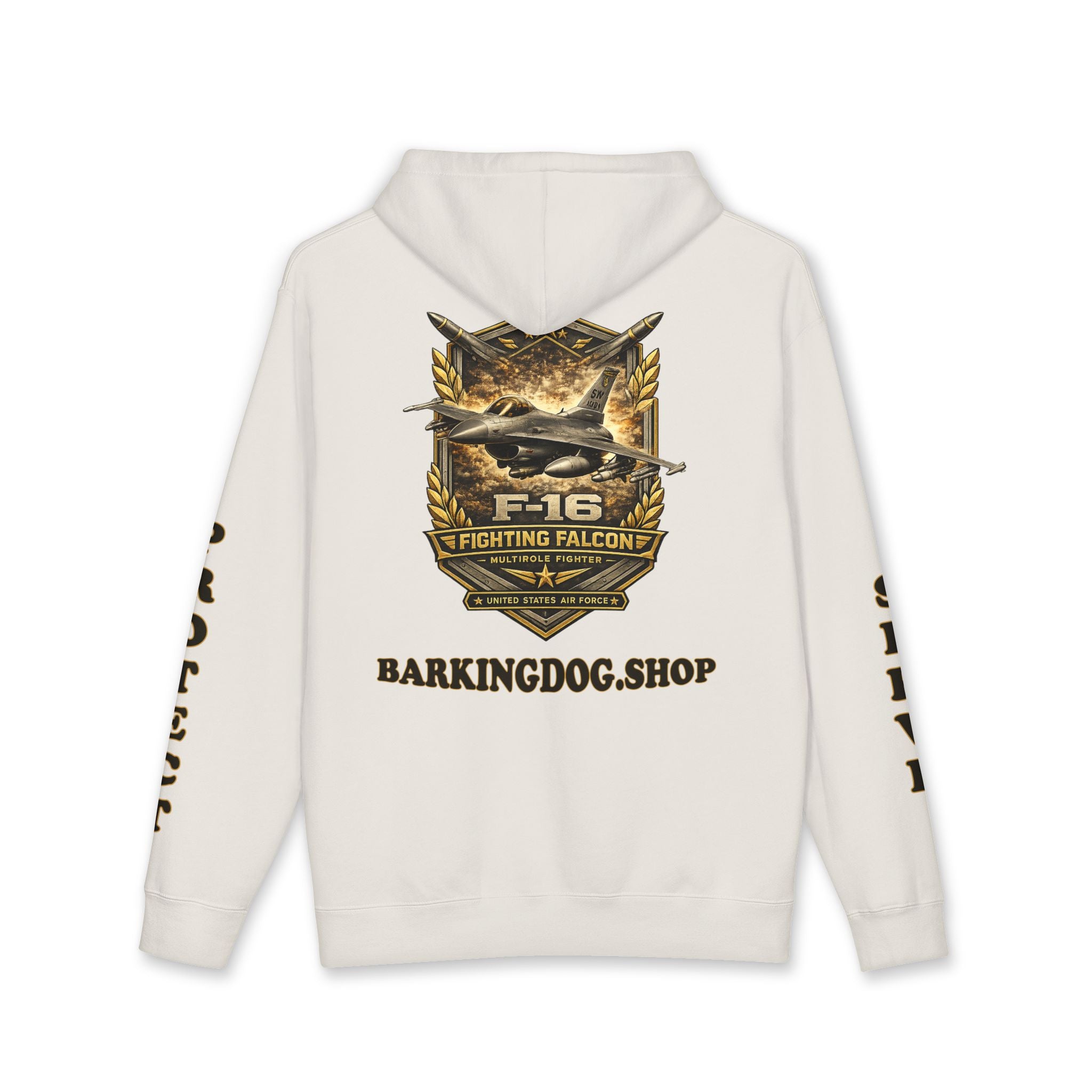 F-16 Fighting Falcon Jet Hoodie — Barking Dog 'Wag On' Military Air Force Tribute