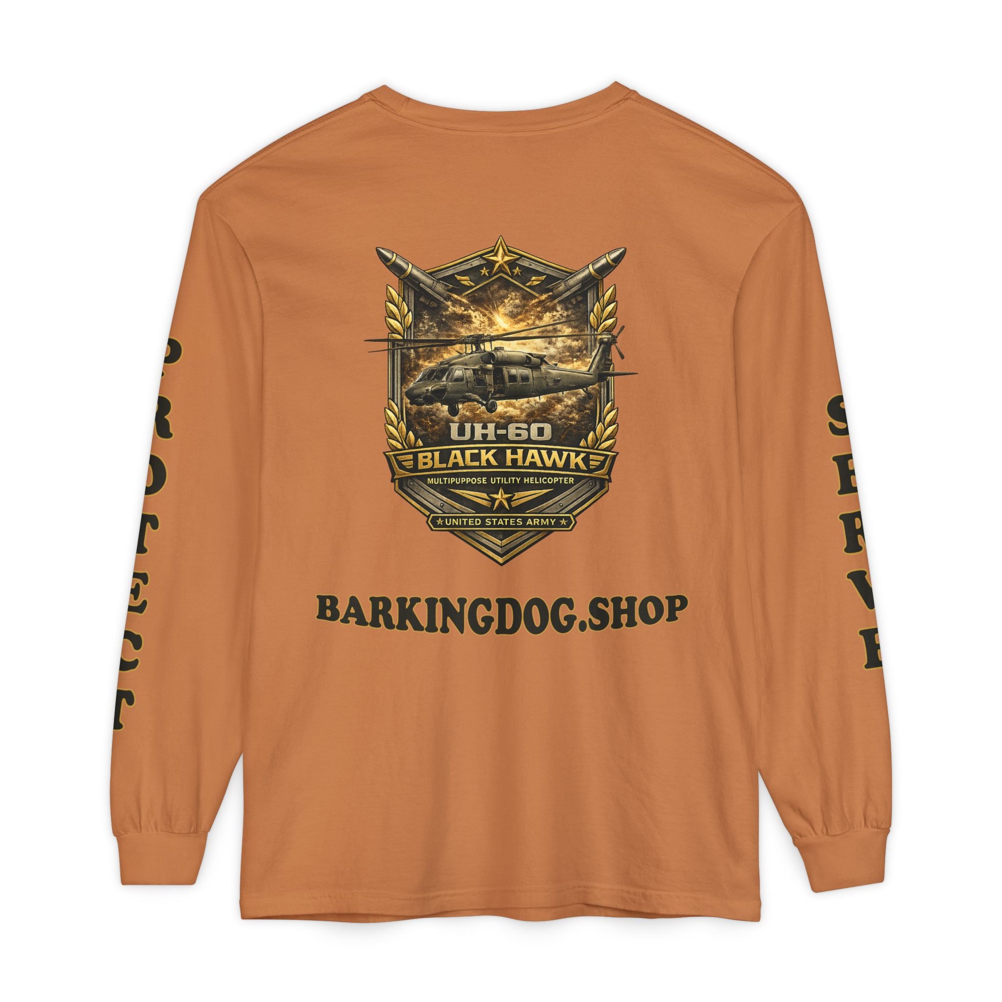 UH-60 Black Hawk Helicopter Long Sleeve Tee — Barking Dog 'Wag On' Military Army Tribute