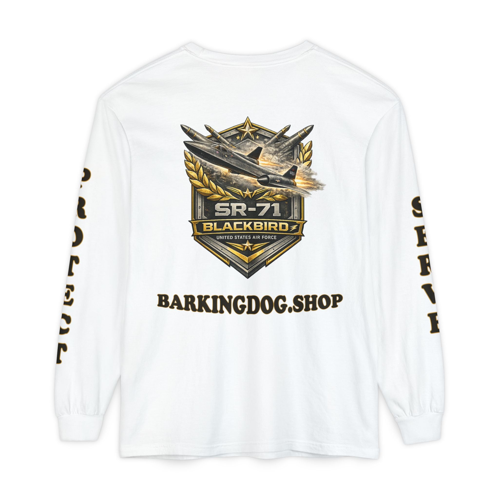 SR-71 Blackbird Long Sleeve Tee — Barking Dog 'Wag On' Military Air Force Tribute