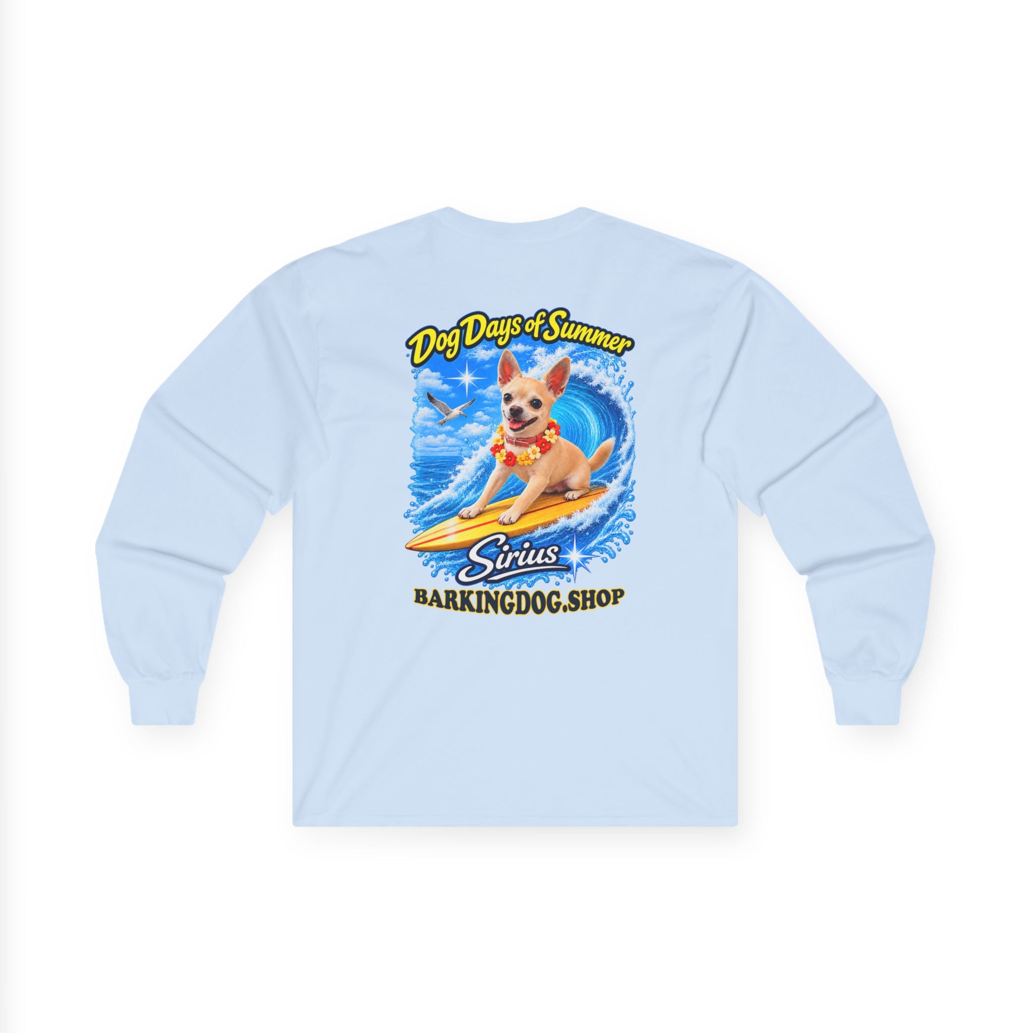 Chihuahua Dog Days of Summer Surfboard Long Sleeve T Shirt Beach Collection Surfing Dog Graphic Tee Wag On BarkingDog Shop