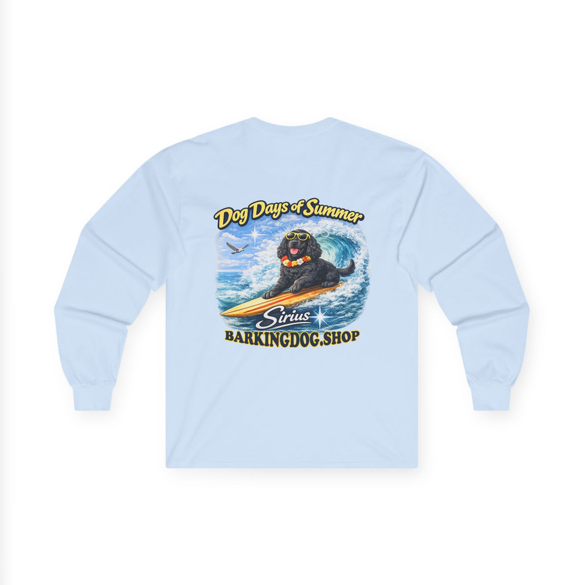 Cocker Spaniel Dog Days of Summer Surfboard Long Sleeve T Shirt Beach Collection Surfing Dog Graphic Tee Wag On BarkingDog Shop