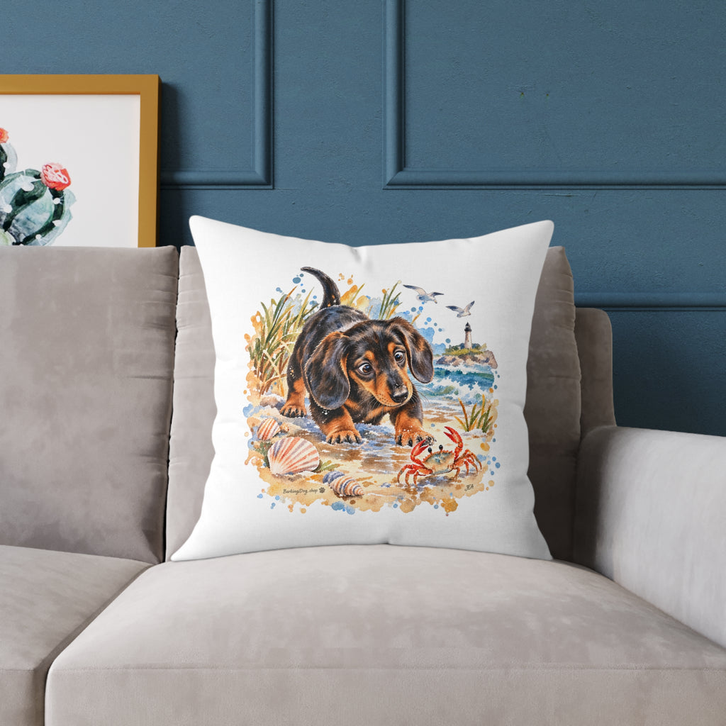 Dachshund Bewildered by Crab Beach Throw Pillow White Home Decor Collection Funny Coastal Dog Decor BarkingDog Shop