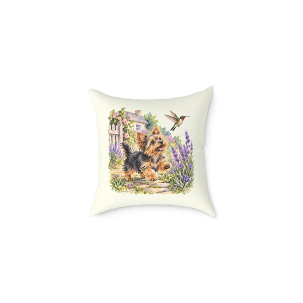 Yorkshire Terrier Puppy Hummingbird Throw Pillow Ivory Home Decor Collection Cottage Garden Dog Decor BarkingDog Shop