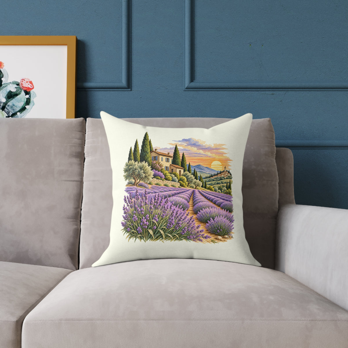 Lavender Fields Woodcut Relief Throw Pillow Ivory Floral Landscape Home Decor BarkingDog Shop