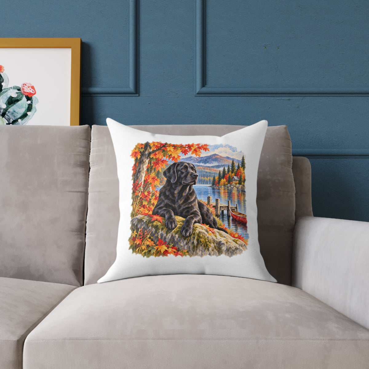 Black Labrador Maine Lake Autumn Throw Pillow White Home Decor Collection Fall Mountain Dog Decor BarkingDog Shop