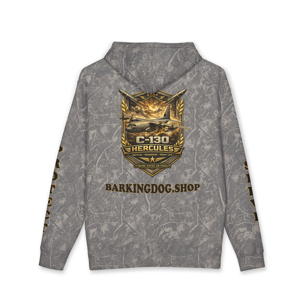 C-130 Hercules Tactical Transport Heavy Lift Airplane Hoodie — Barking Dog 'Wag On' Military Air Force Tribute