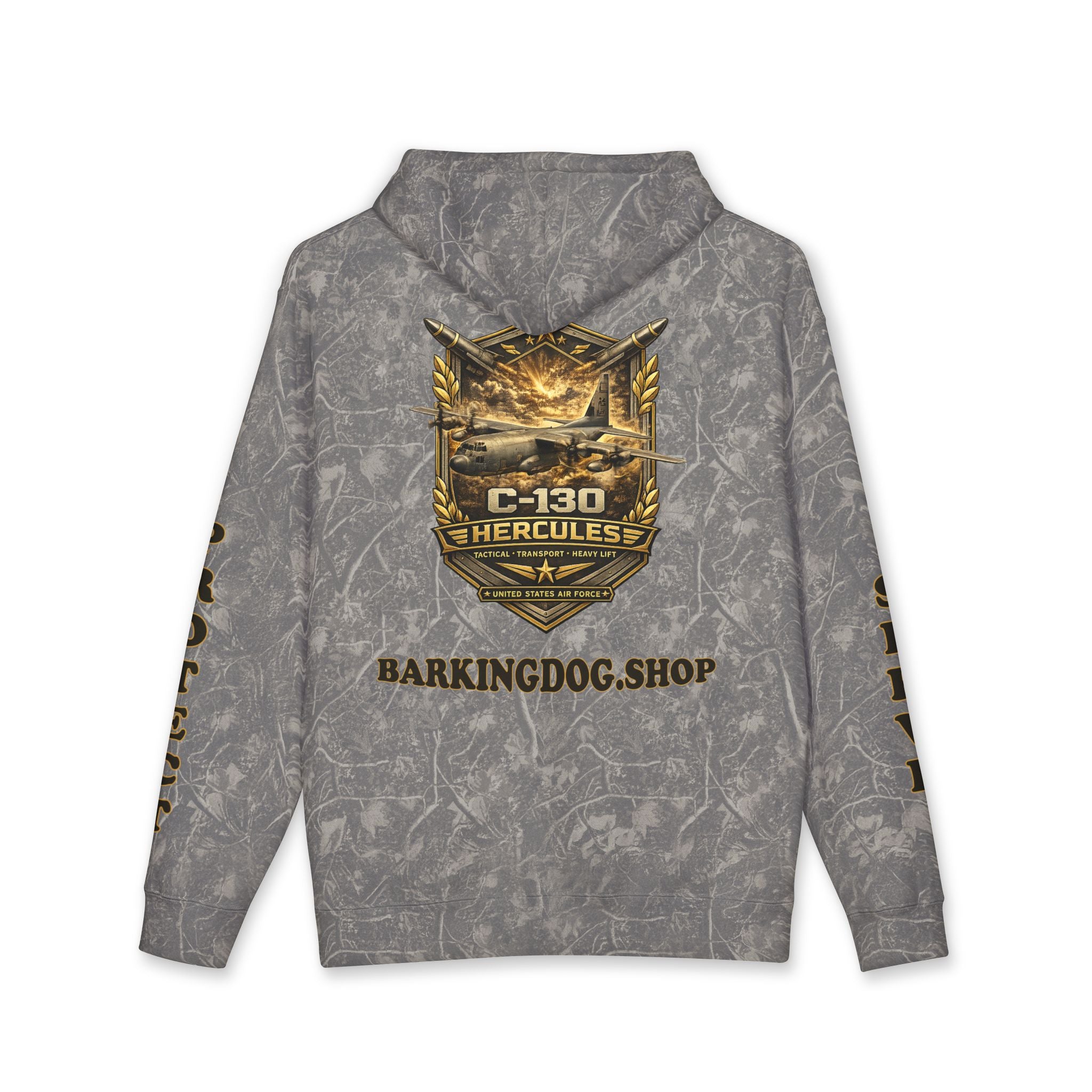 C-130 Hercules Tactical Transport Heavy Lift Airplane Hoodie — Barking Dog 'Wag On' Military Air Force Tribute