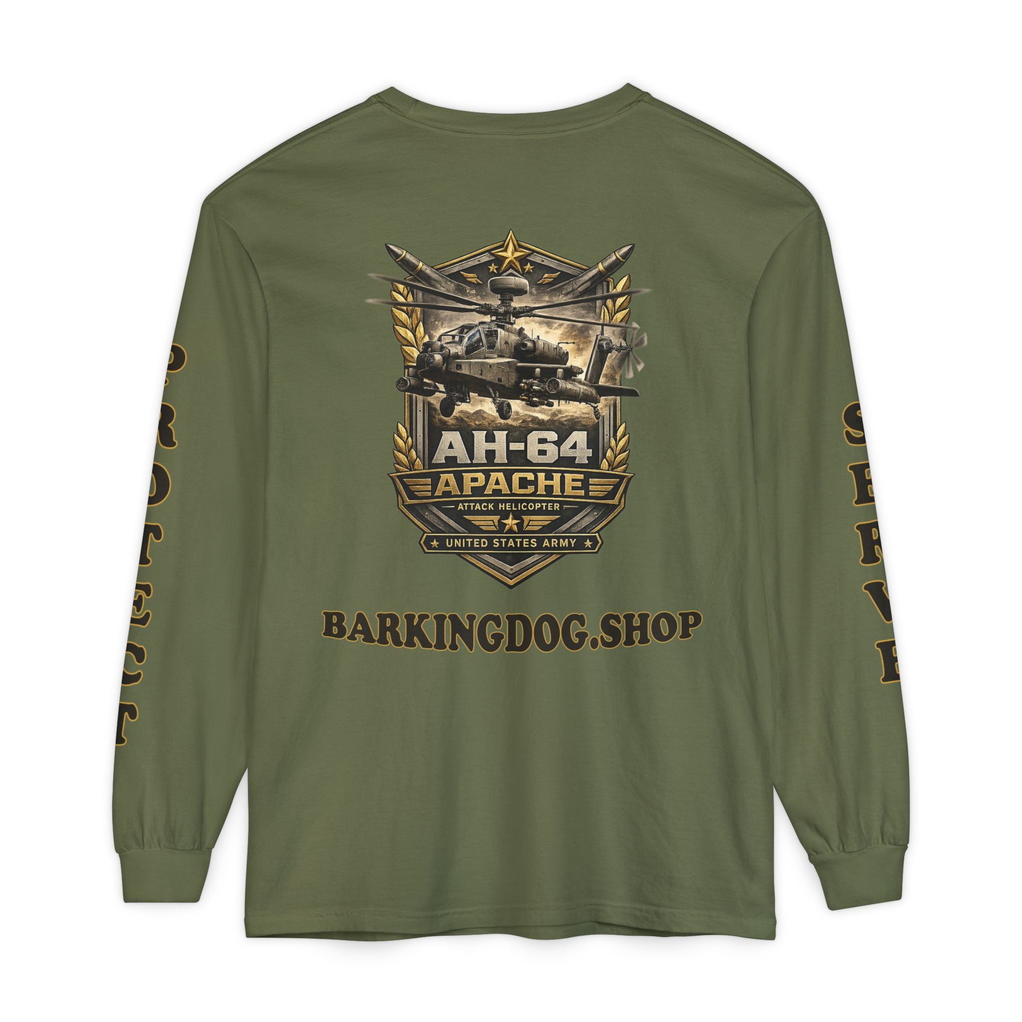 AH-64 Apache Helicopter Long Sleeve Tee — BarkingDog 'Wag On' Military Tribute