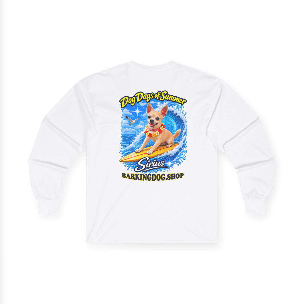 Chihuahua Dog Days of Summer Surfboard Long Sleeve T Shirt Beach Collection Surfing Dog Graphic Tee Wag On BarkingDog Shop