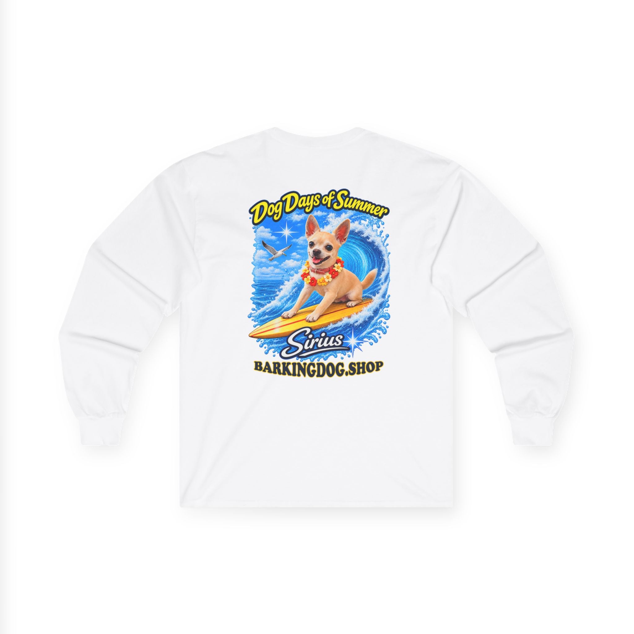 Chihuahua Dog Days of Summer Surfboard Long Sleeve T Shirt Beach Collection Surfing Dog Graphic Tee Wag On BarkingDog Shop