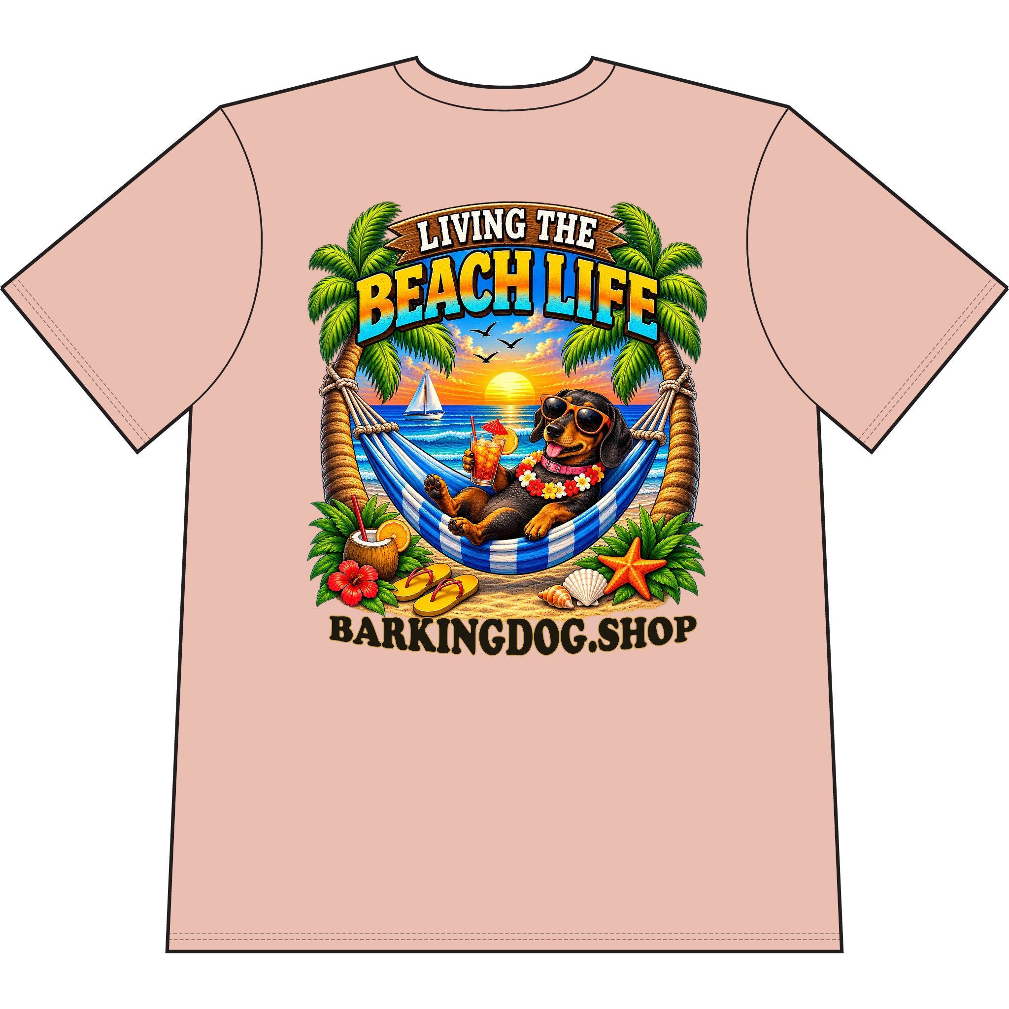 Dachshund Beach Life Canine T Shirt Beach Collection Living the Beach Life Tropical Graphic Tee Wag On BarkingDog Shop