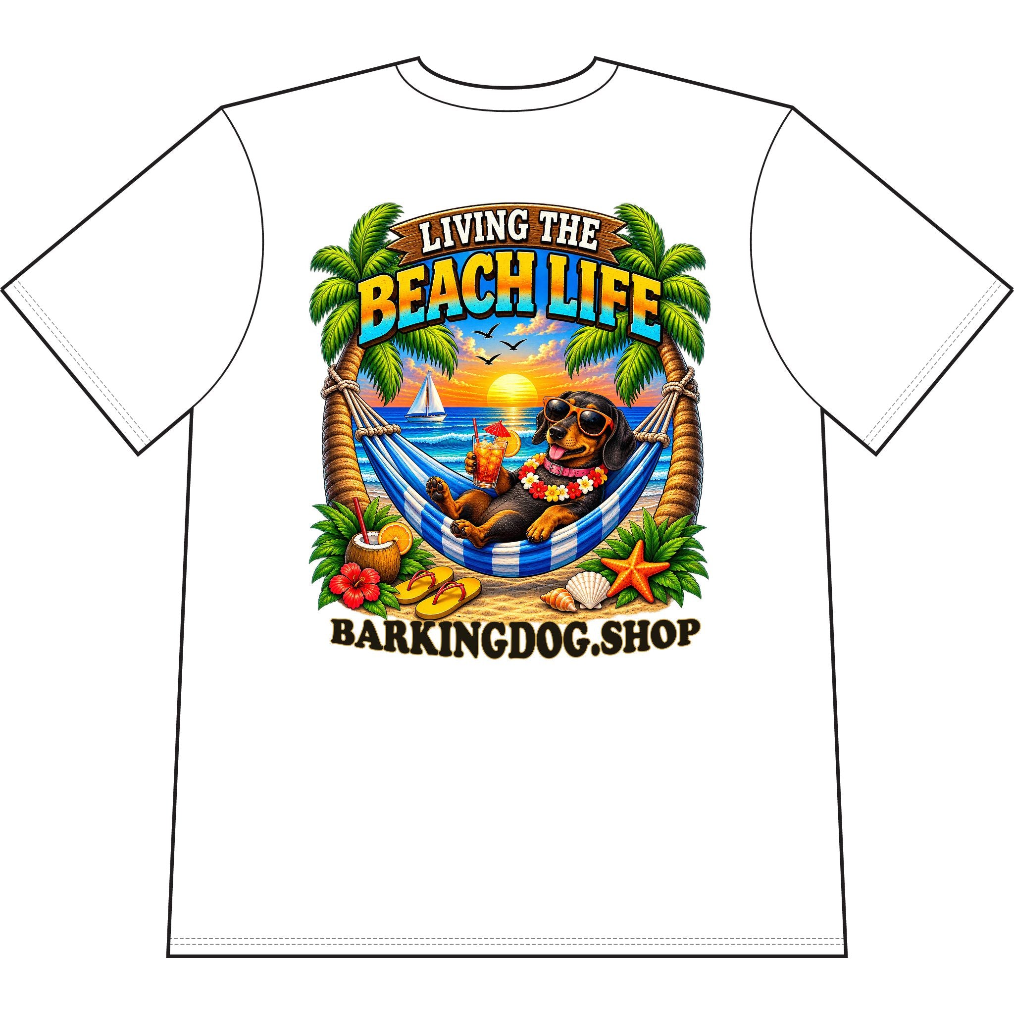 Dachshund Beach Life Canine T Shirt Beach Collection Living the Beach Life Tropical Graphic Tee Wag On BarkingDog Shop
